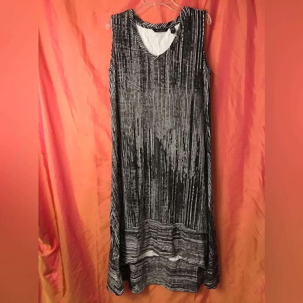 H by Halston Women’s Sleeveless Midi Dress Size LP Black White High Low Hem